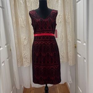 Merona Red Sleeveless V-Neck Sheath Dress With Black Lace Overlay NWT